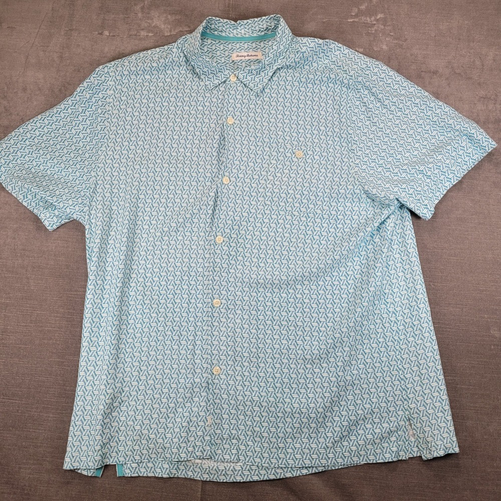 Tommy Bahama Mens XXL Blue White Geometric Print Short Sleeve Button Up Shirt